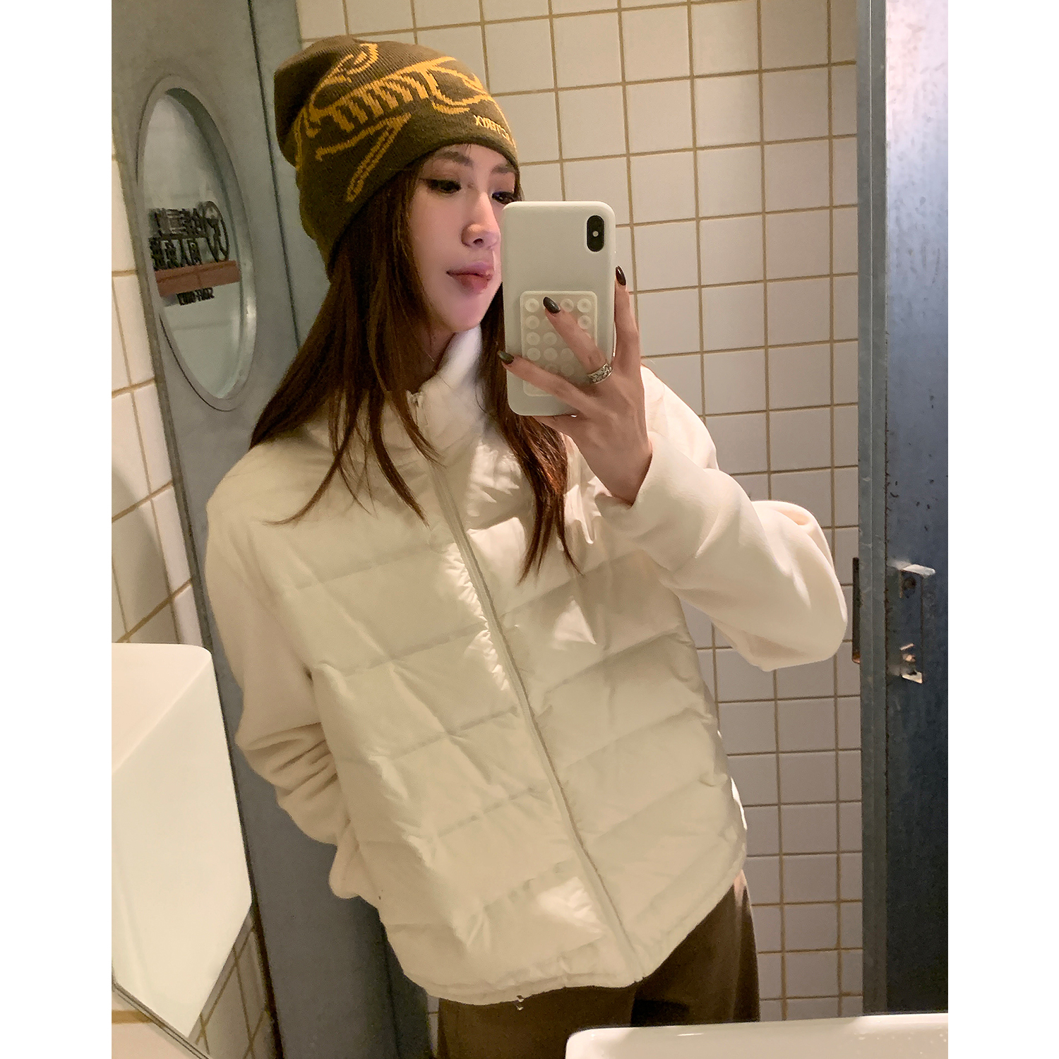 阿一 轻暖摇粒绒拼接立领羽绒服 2025秋冬新款轻薄设计感针织外套