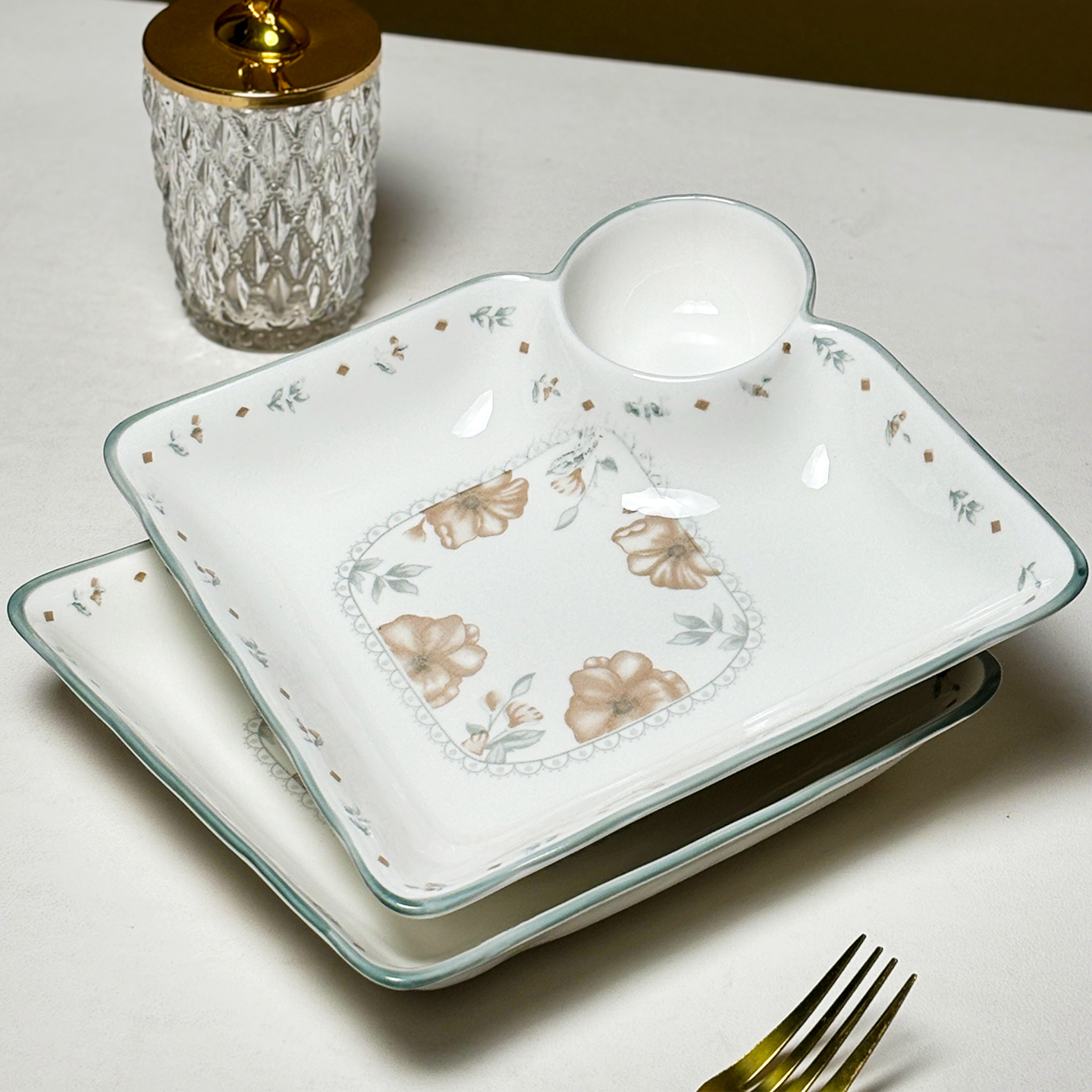 【2只装】夏茉饺子盘家用陶瓷餐盘方形创意早餐盘带分格小食盘