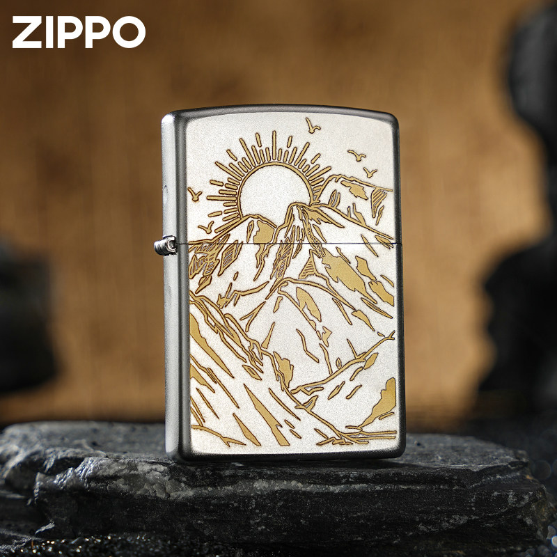 Zippo打火机原装正品205镀铬磨砂日照金山精雕防风送男友礼物MBJ1
