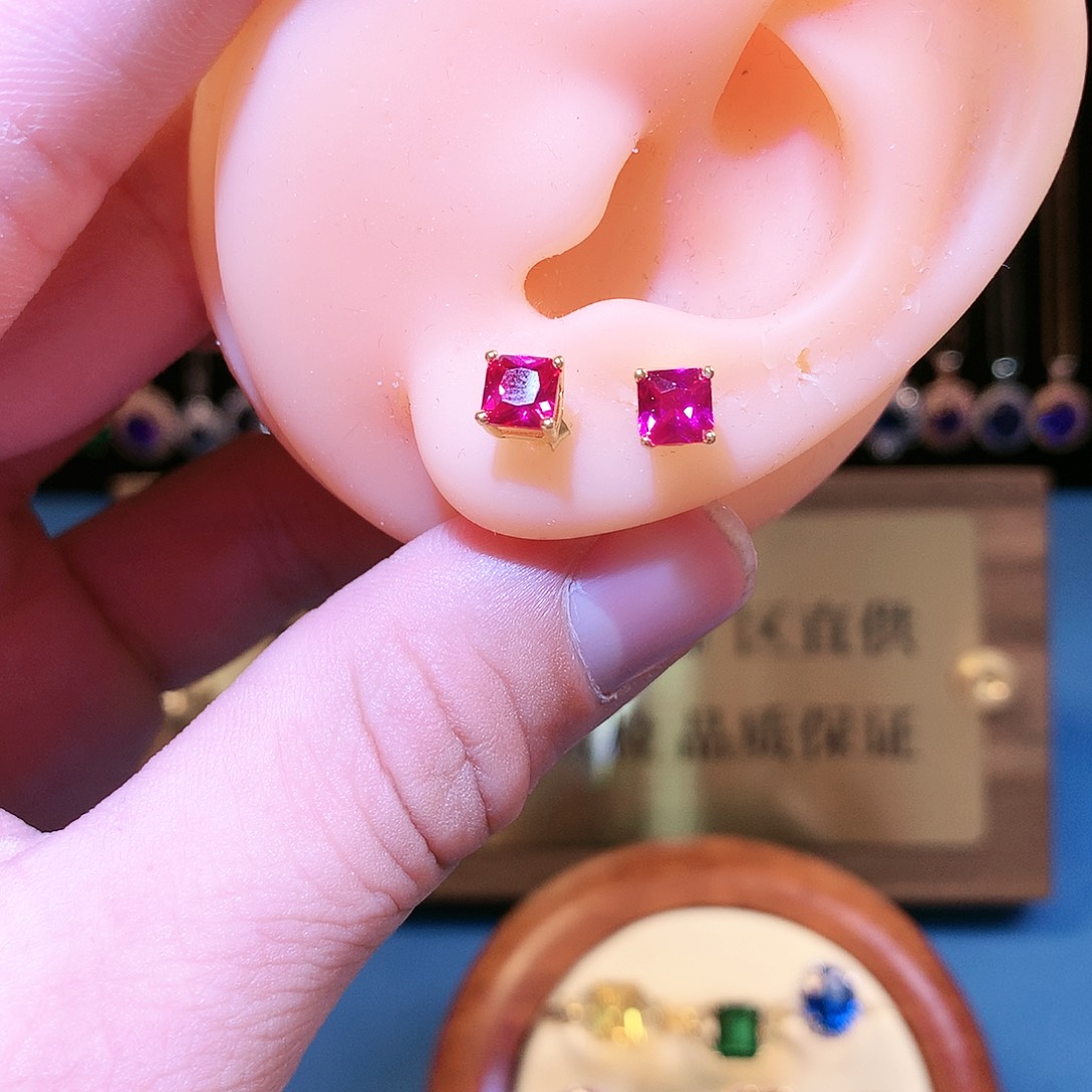 红宝石耳饰银S925镶嵌
