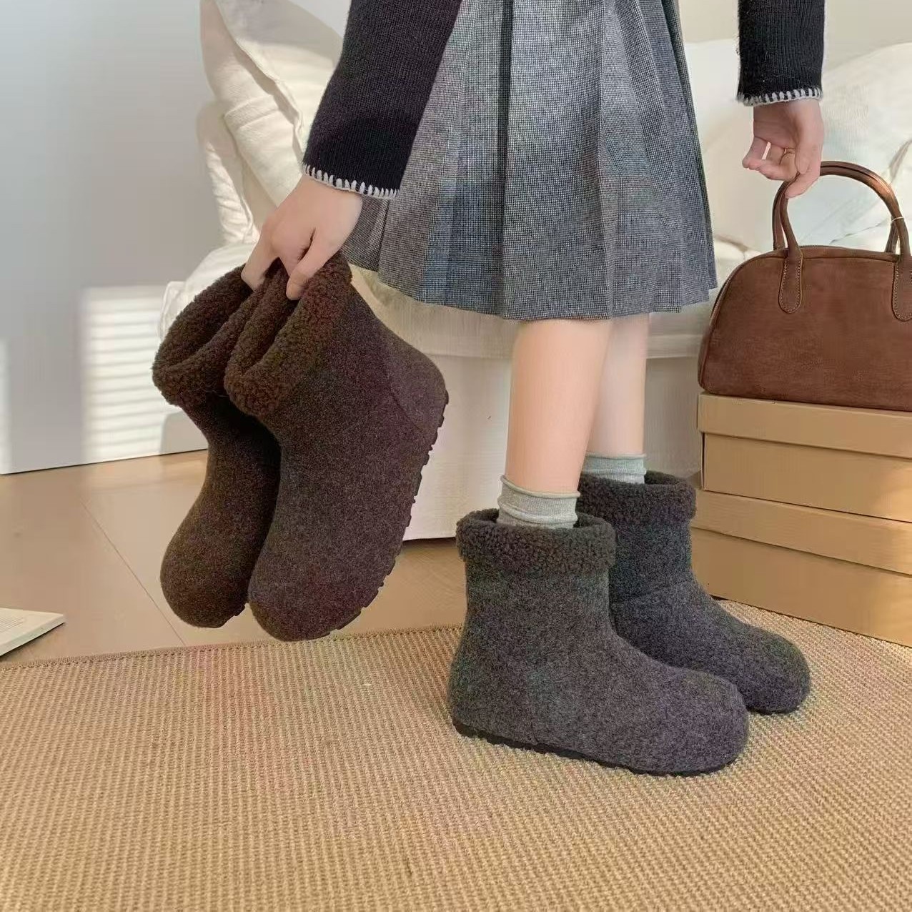 复古毛呢加绒雪地靴女冬季新款勃肯短筒翻毛雪地靴M866