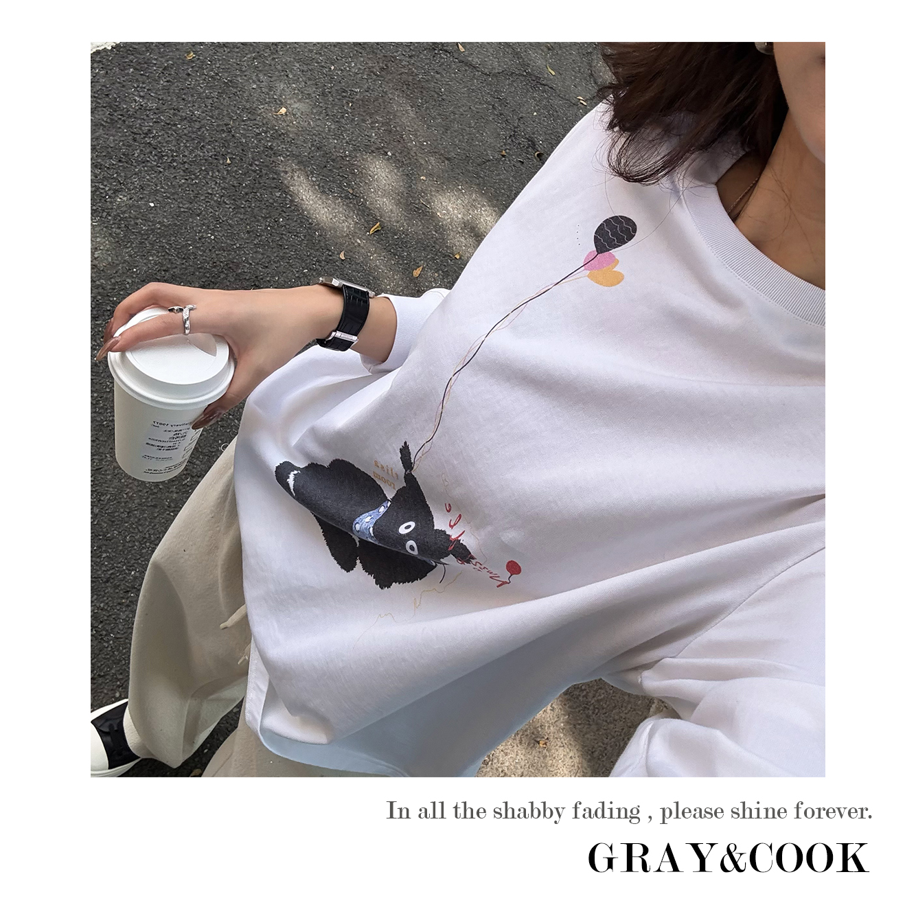 GRAY&COOK【放飞】圆领卡通长袖印花T恤长款打底衫宽松GC588222