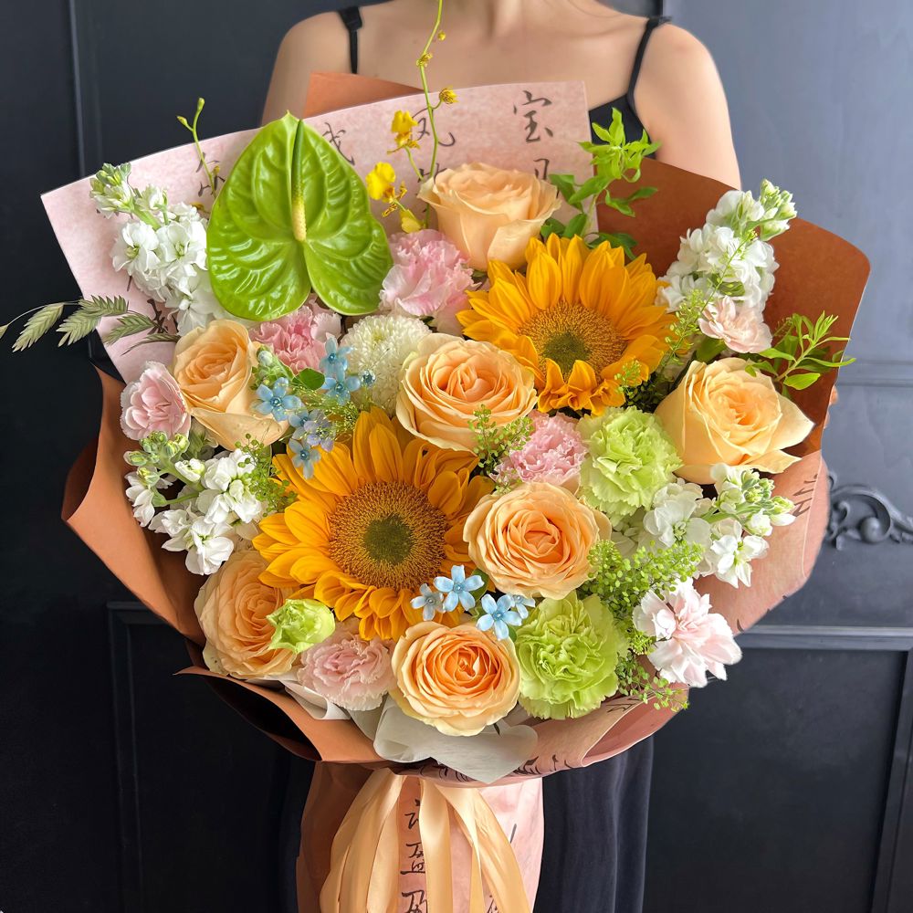 【光织锦程】2向日葵混搭7香槟玫瑰花洋桔梗康乃馨紫罗兰生日鲜花礼物花束花店配送上门M码