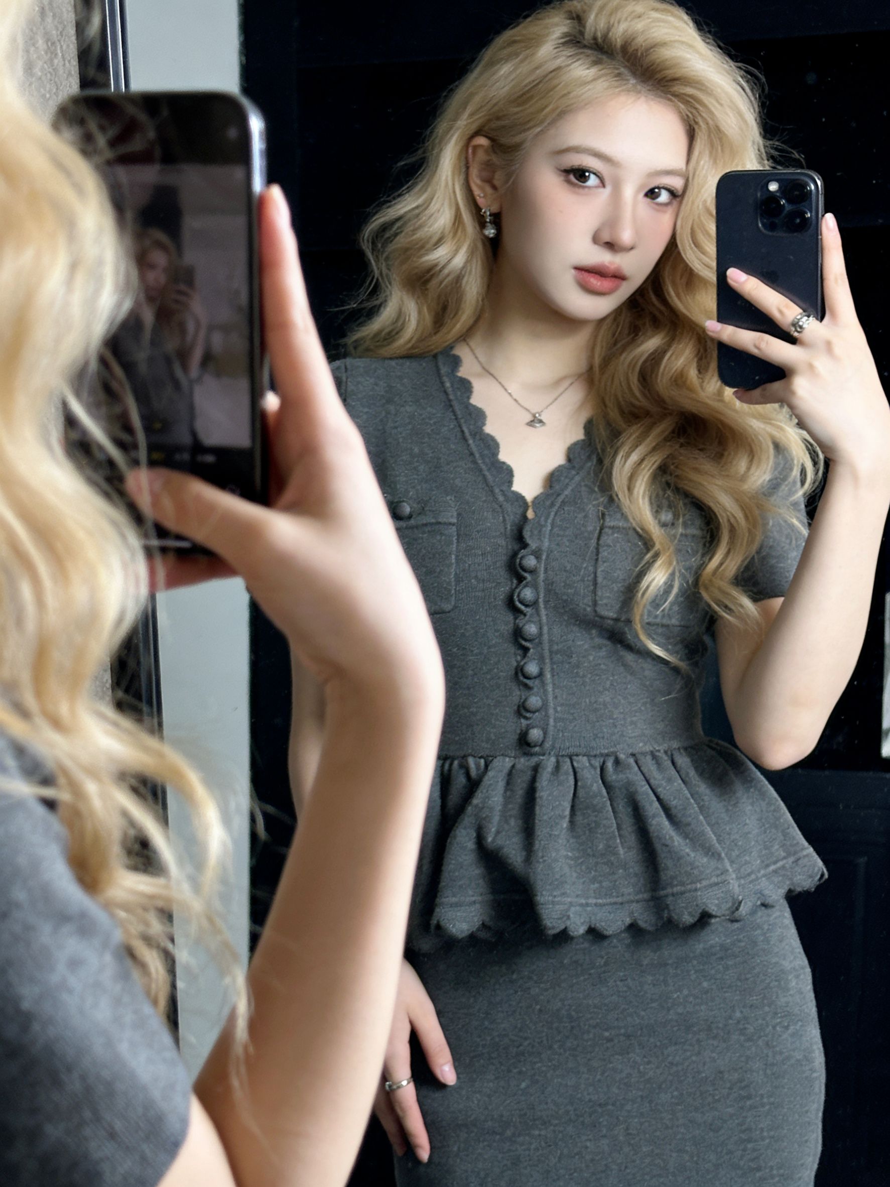 （雯雯家）新款灰混色气质通勤假两件针织短袖荷叶边连衣裙