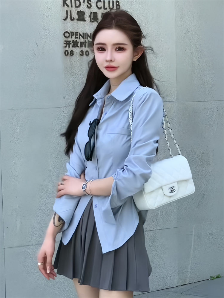 学院风蓝色长袖衬衫女装2025新款秋款设计感小众收腰显瘦别致上衣