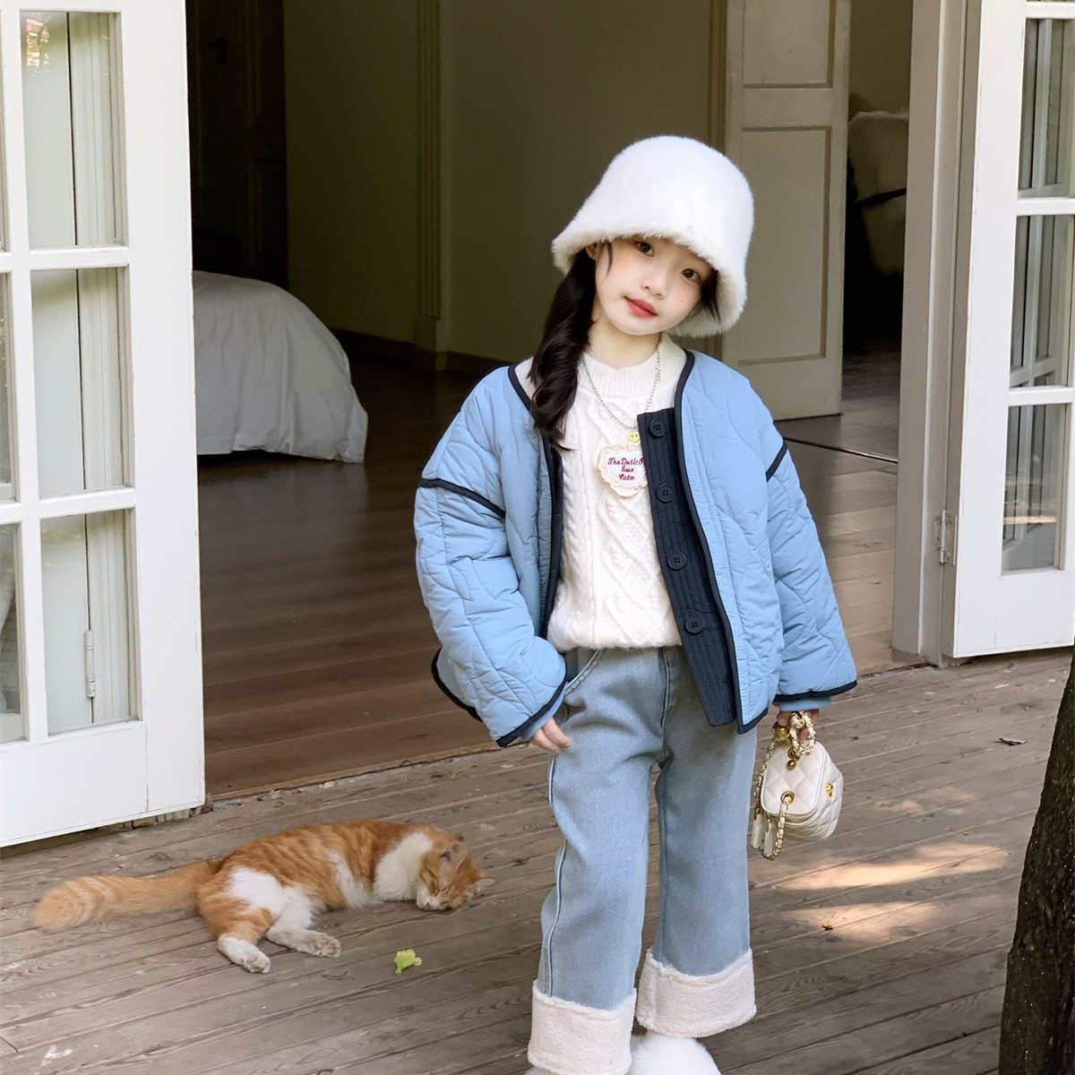 2025冬季新款女童绗缝夹棉加绒棉衣韩版时髦加厚短款外套毛衣裤子