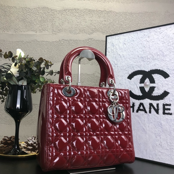 95新 DIOR/迪奥 漆皮红色五格戴妃手提包 底长24 带肩带