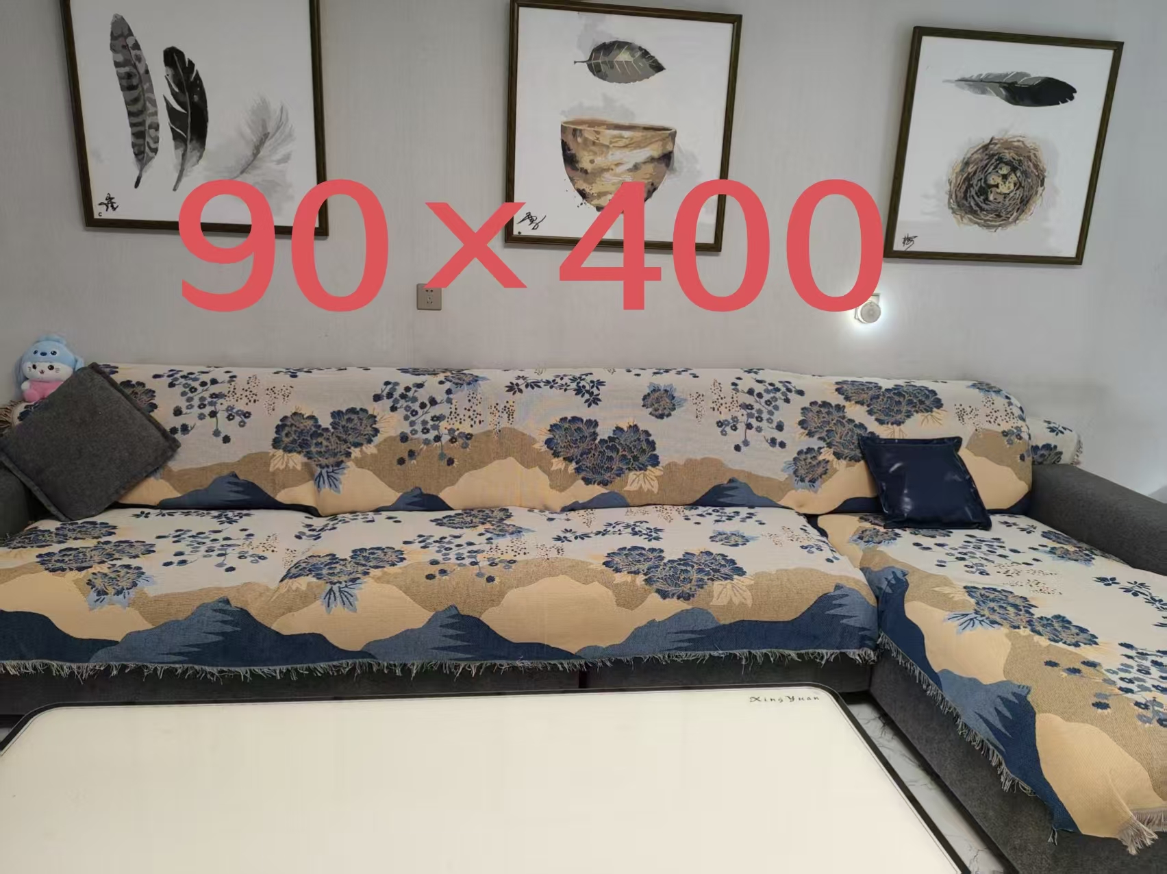 【六人座】山水牡丹90*400±5cm加流苏沙发巾沙发垫防滑四季款