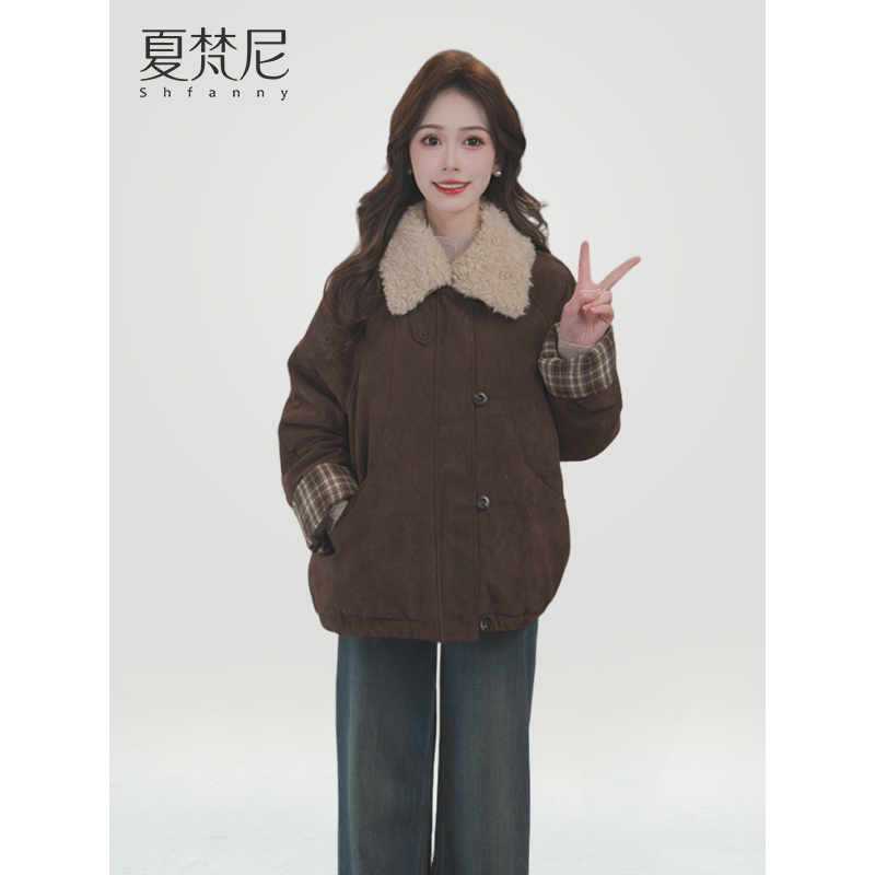 夏梵尼焦糖午后90白鸭绒羽绒服冬季麂皮拼接毛领保暖加厚外套爆款