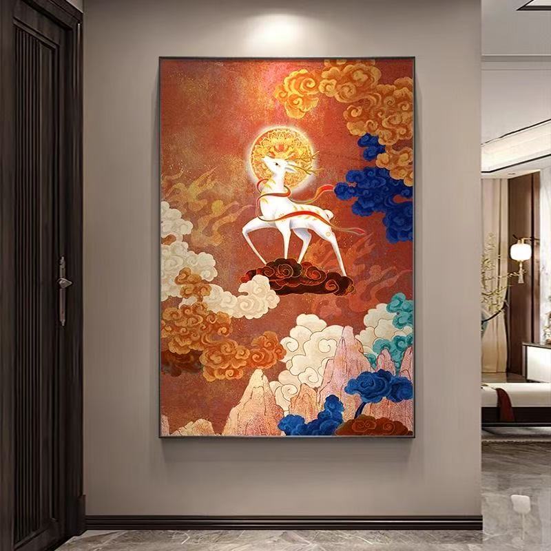 【发财鹿】现代新中式轻奢高级感红色敦煌风格玄关客厅装饰画