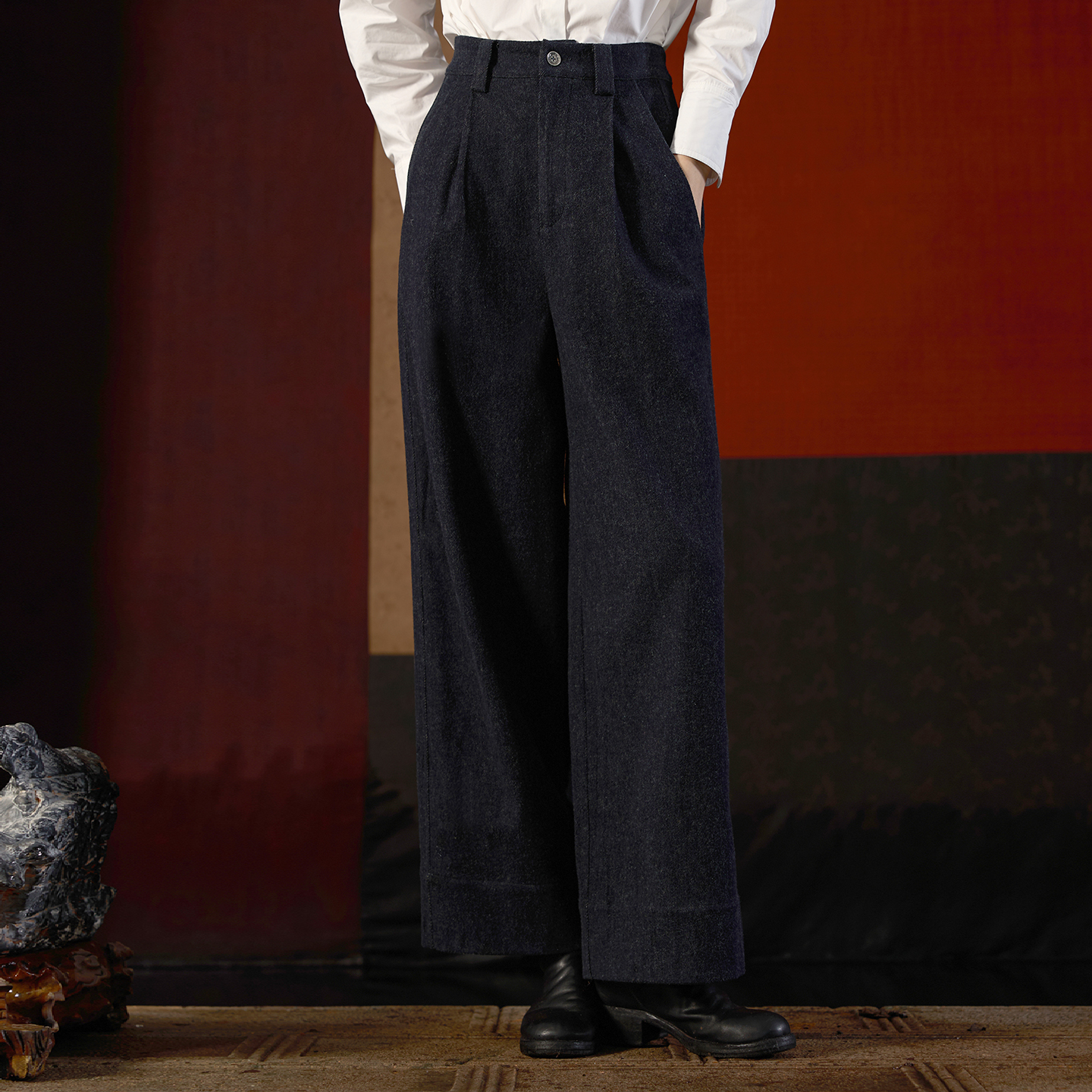 界内界外休闲加厚磨毛休闲裤牛仔裤长裤高腰丹宁风长裤J43K6054