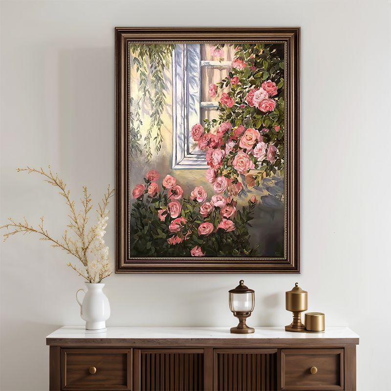 美式玄关装饰画玫瑰花卉复古画高档入户走廊过道挂画高级感画