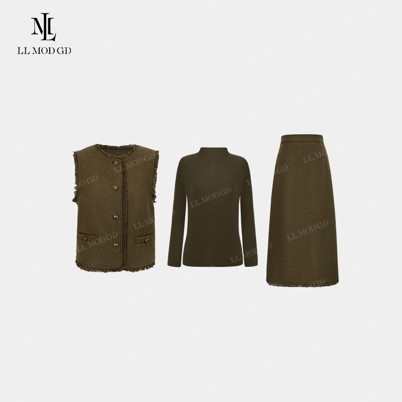 莉莉家  早秋时尚三件套小香风设计感打底+马甲+裙子YL-252854