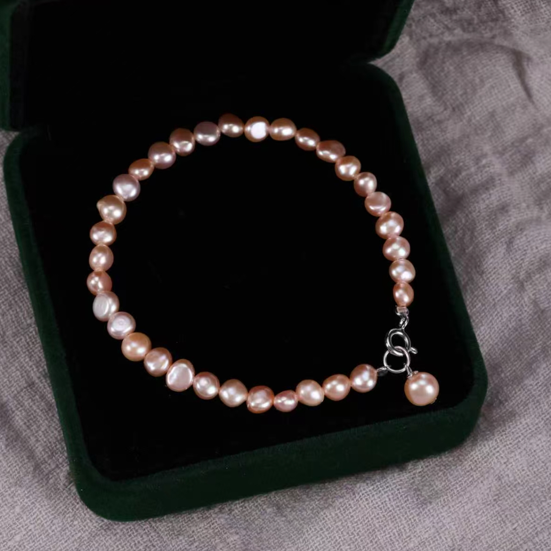 橘色可可豆手链-天然珍珠-S925银配件