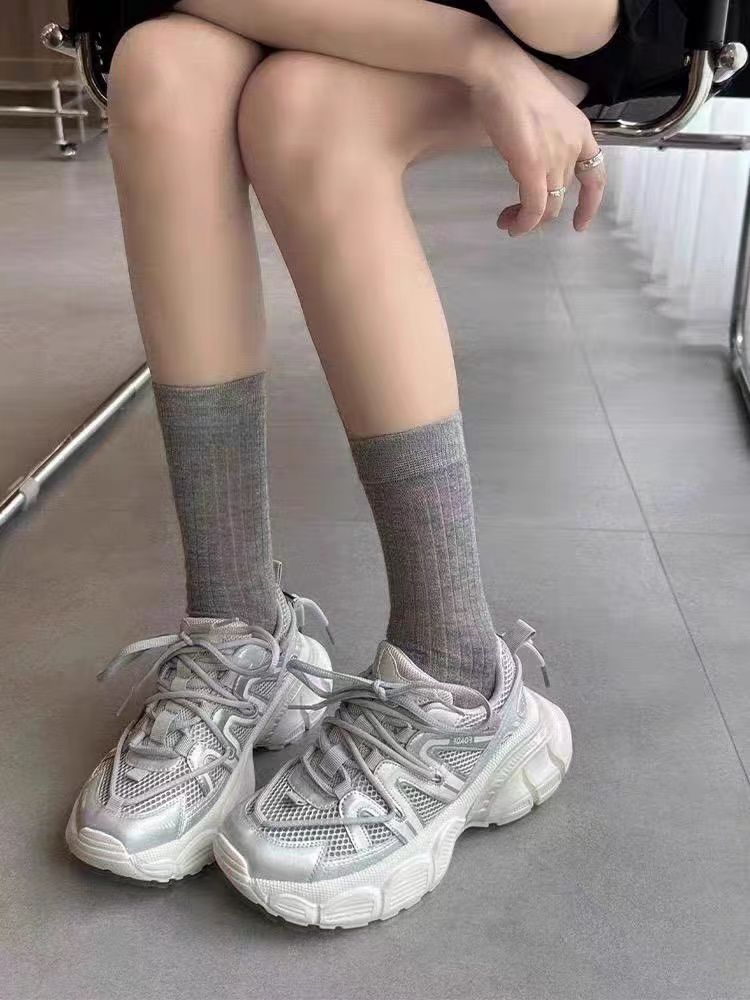 欧洲站女鞋2025夏季新款透气网面黑色老爹鞋休闲厚底   37-15