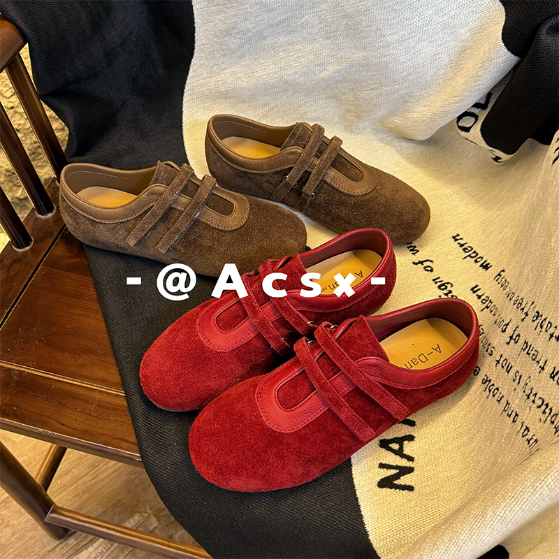 【阿茶】秋季氛围~2025秋季新款圆头真皮复古魔术贴芭蕾鞋单鞋女