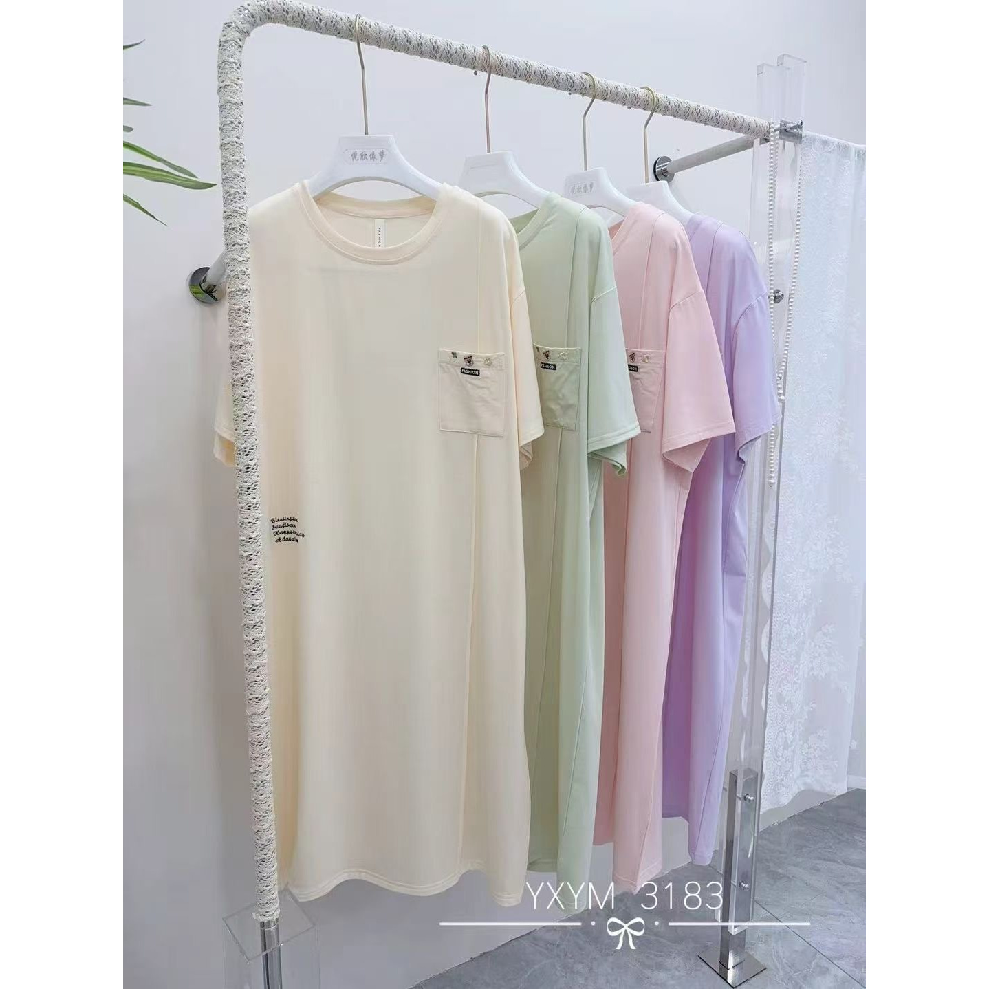 夏季新款爽棉短袖纯色简约睡裙