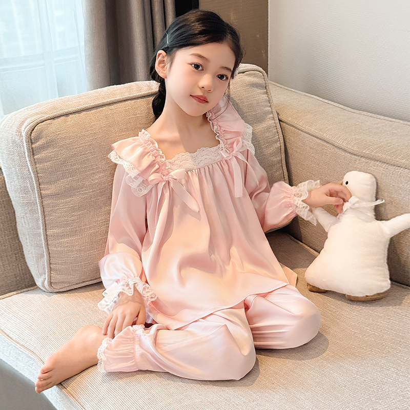 儿童睡衣夏季缎面冰丝长袖薄款空调衫女童家居服中大童2287