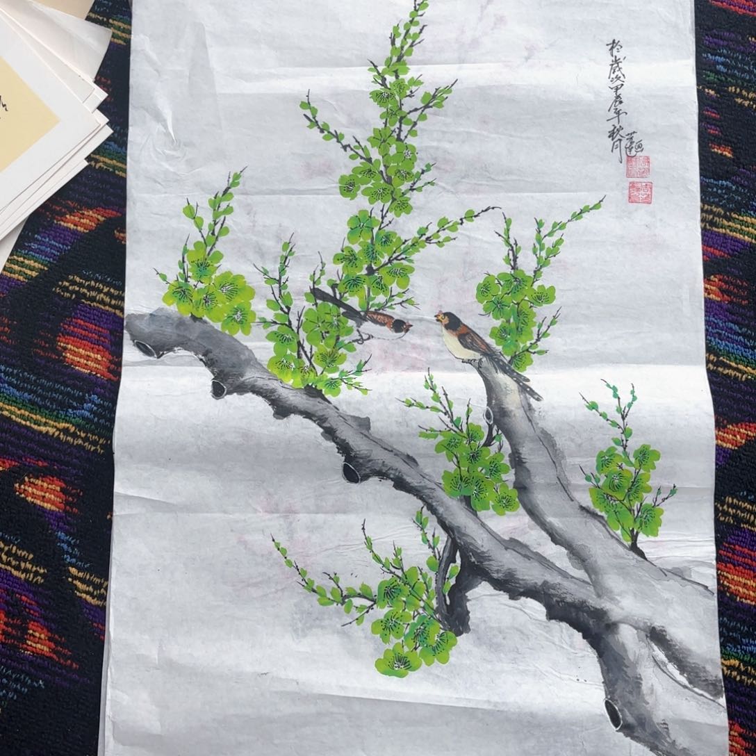 国画周芳莲三尺花鸟朱