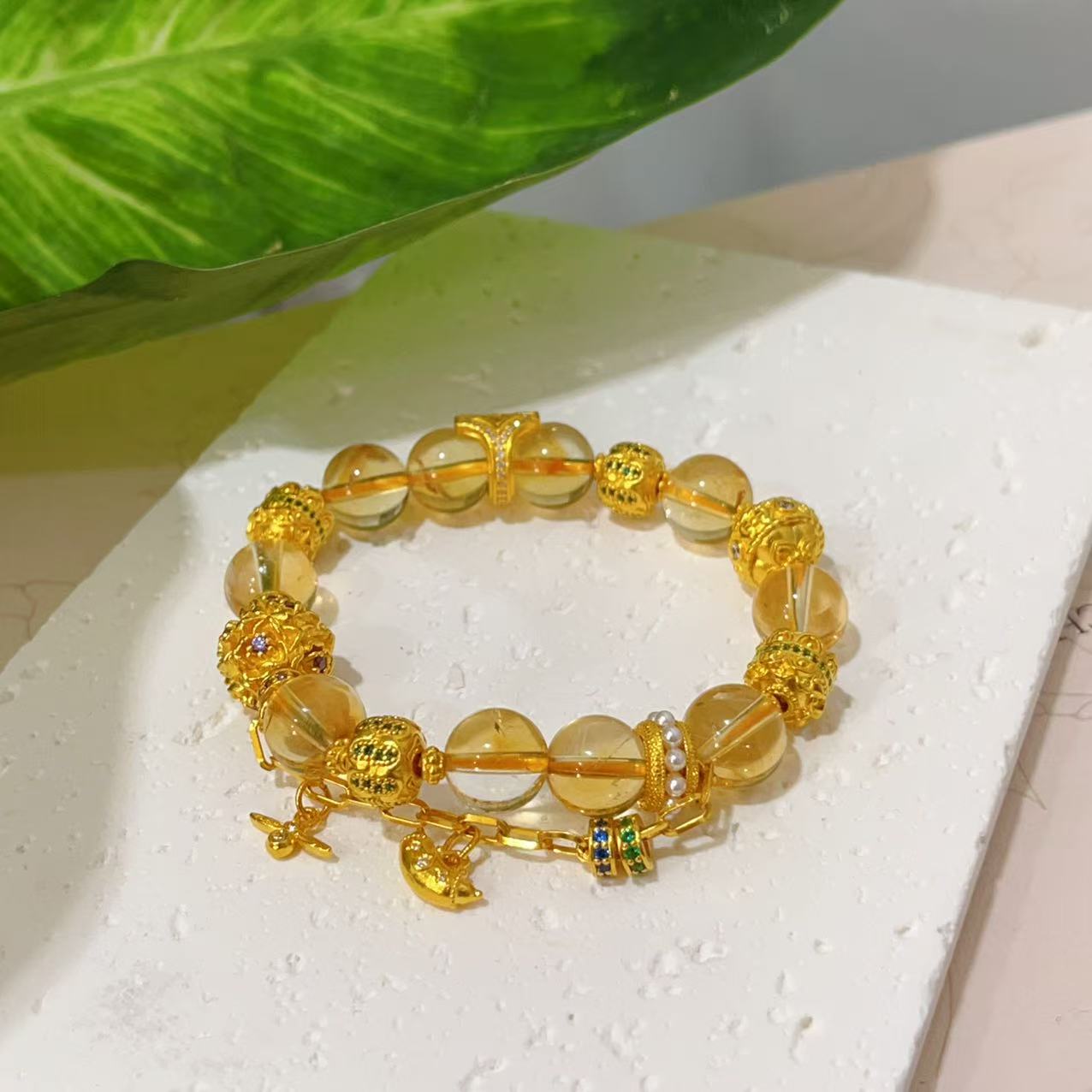 足金文玩花珠diy黄水晶设计款手串（定制款不支持七天