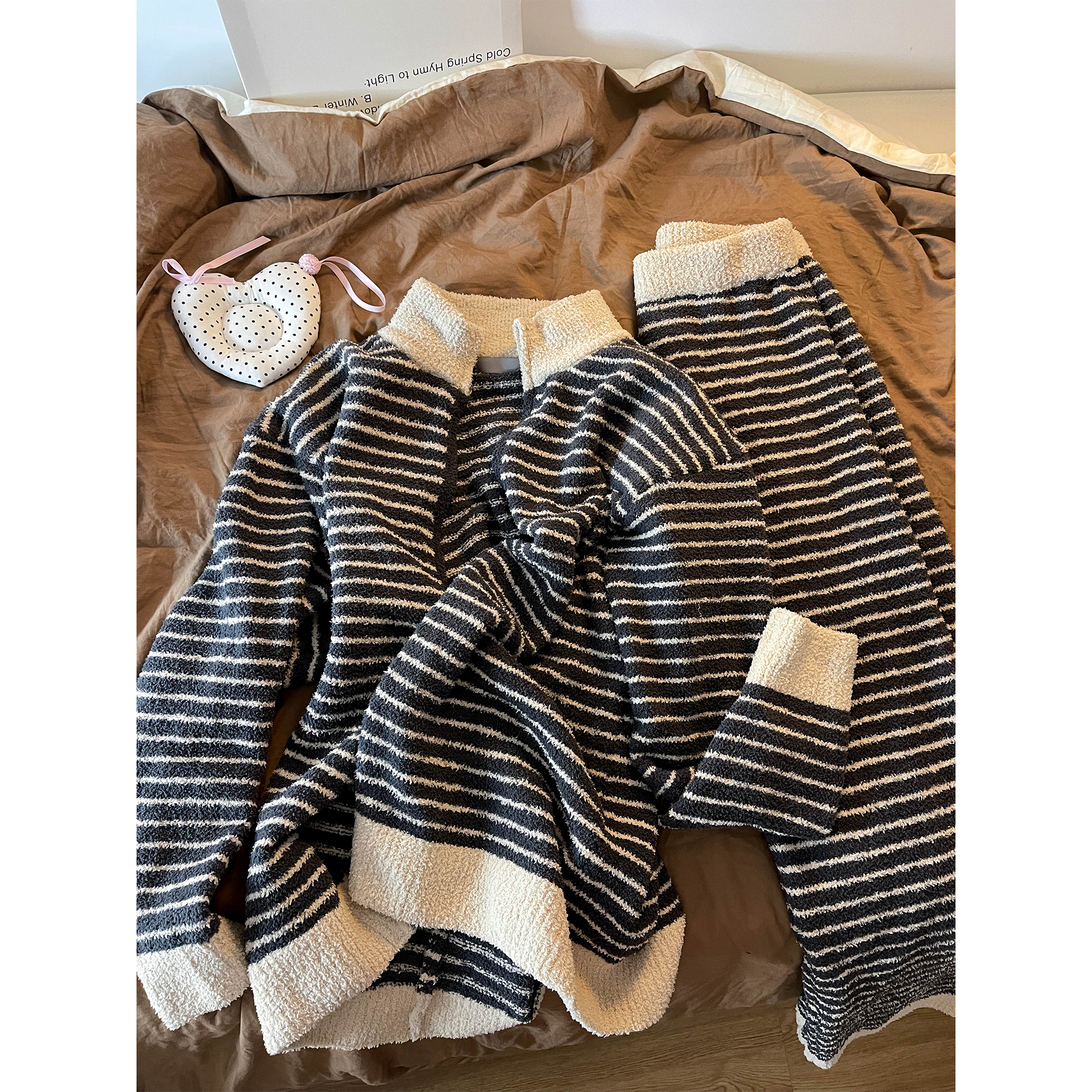 韩版撞色条纹针织半边绒睡衣女秋冬季加厚保暖2025新款家居服套装