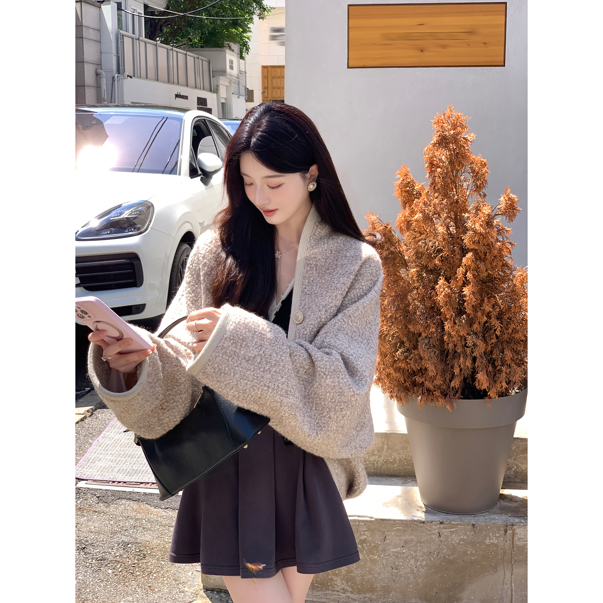 夏诗文 羊毛混色圈圈呢料蝙蝠袖立体感宽松外套女秋