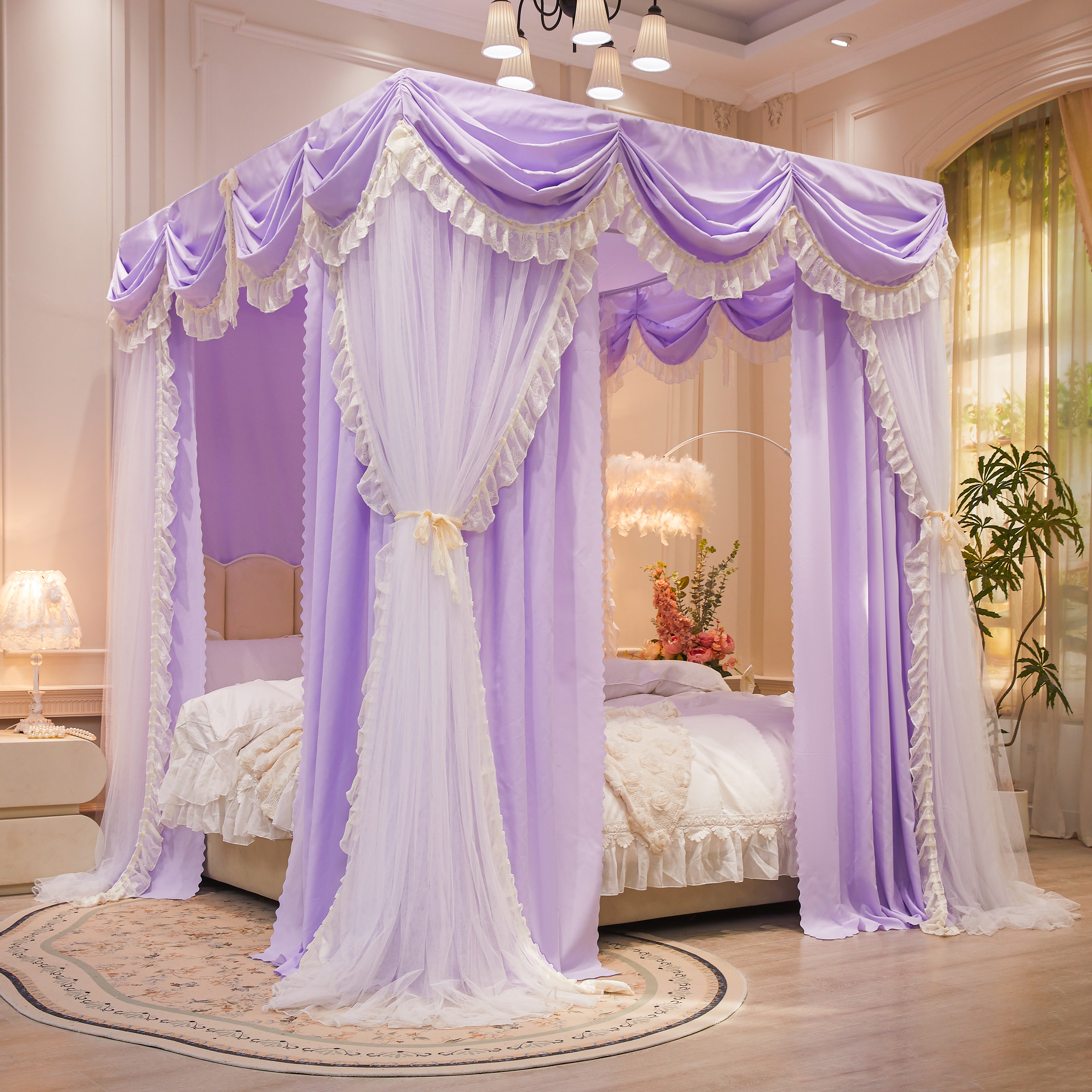 法式家用卧室加厚防风公主风一体式三开门双层双杆遮光落地蚊帐艾