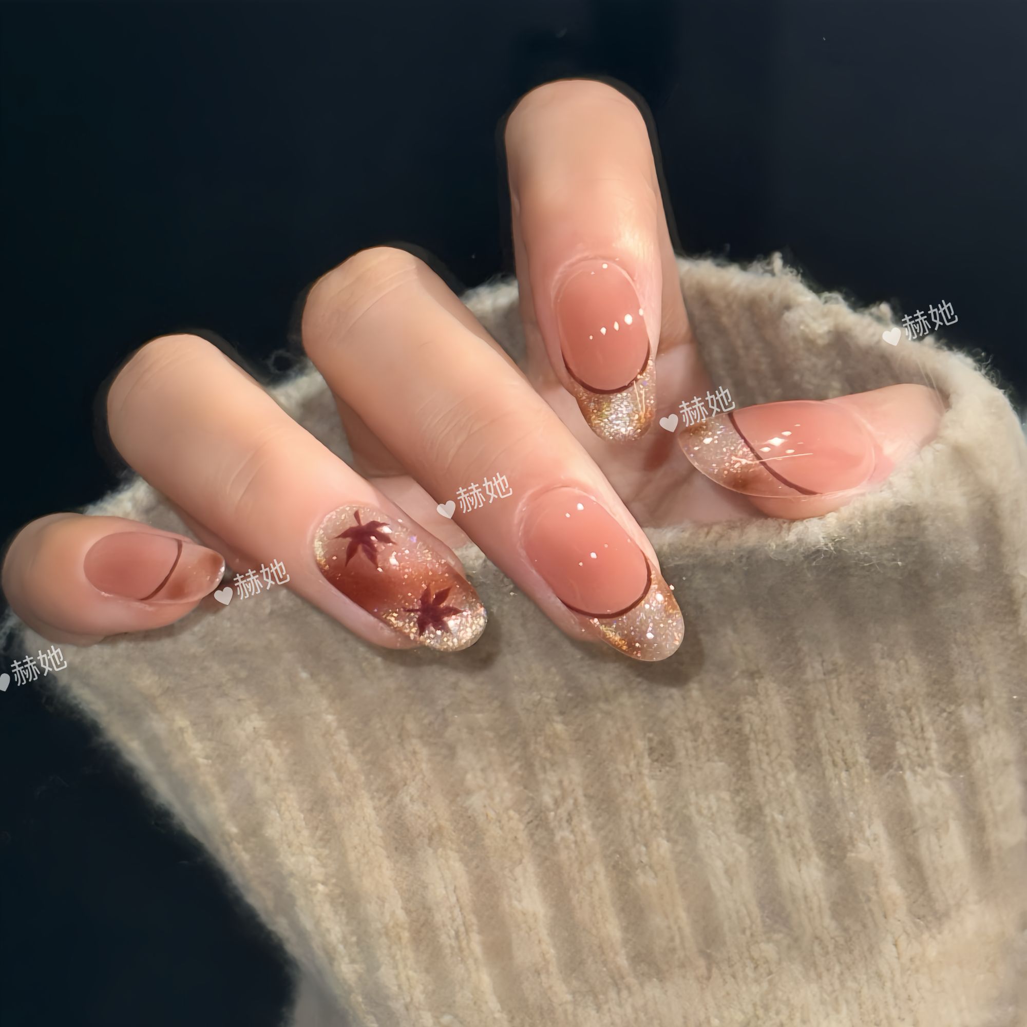 【一叶知秋】早秋高级渐变气质法式爆闪枫叶千金简约  纯手工穿戴甲