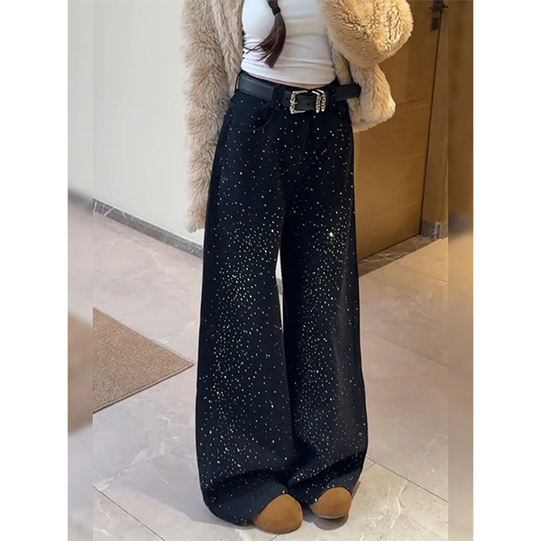 美式复古宽松bf慵懒风牛仔裤子女秋冬辣妹满天星亮钻拼接拖地长裤