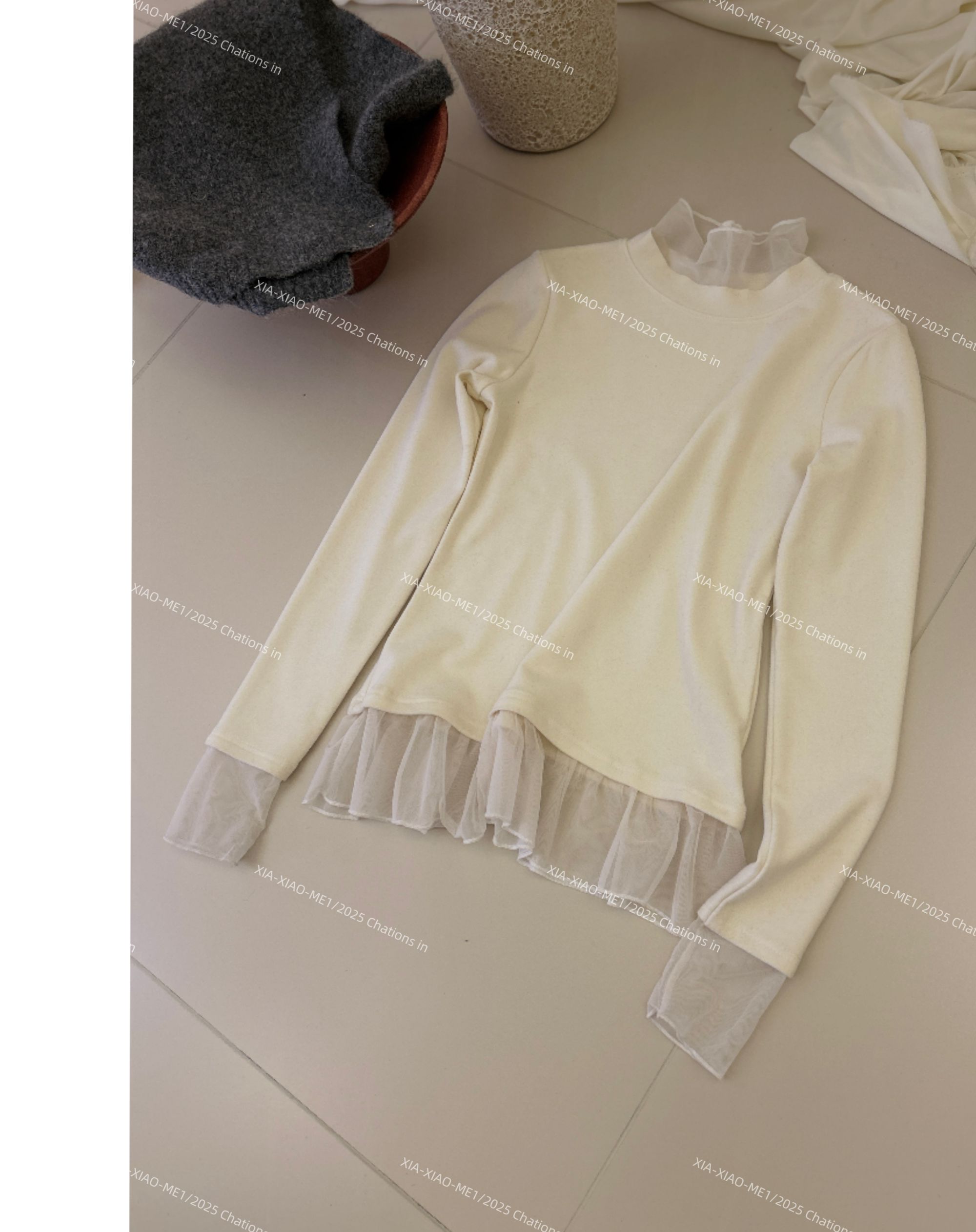 XIAOMEI ｜拼接网纱设计双面德绒T恤-5505