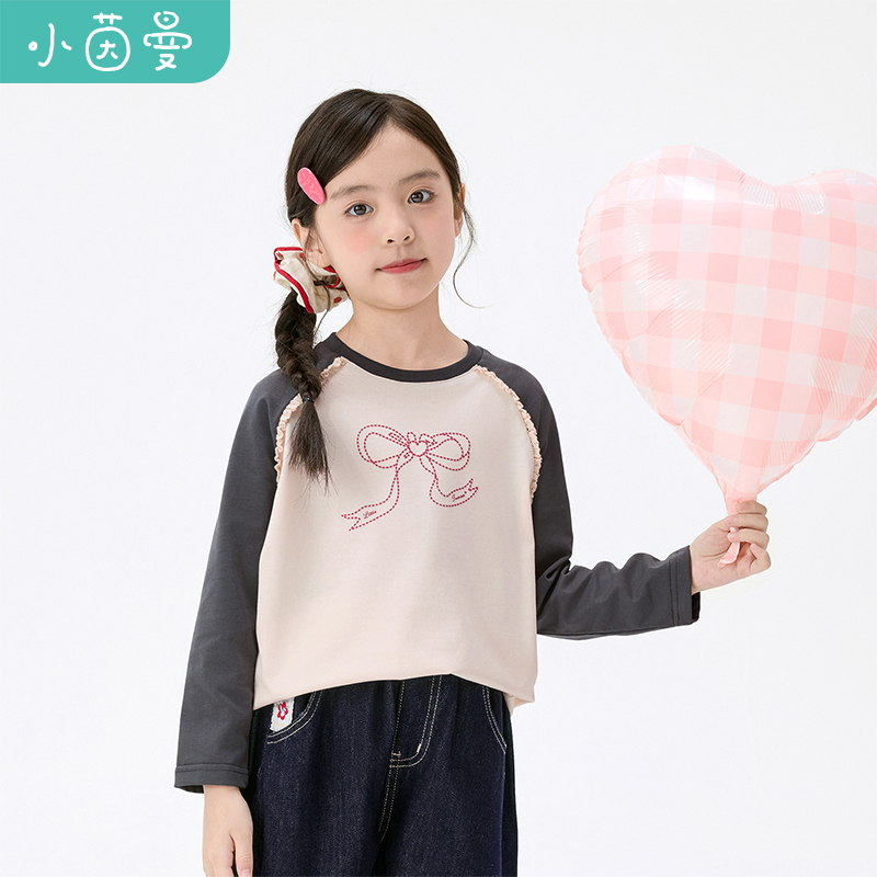 小茵曼女童纯棉长袖t恤蝴蝶结25春秋大童休闲上衣打底衫GO3853022