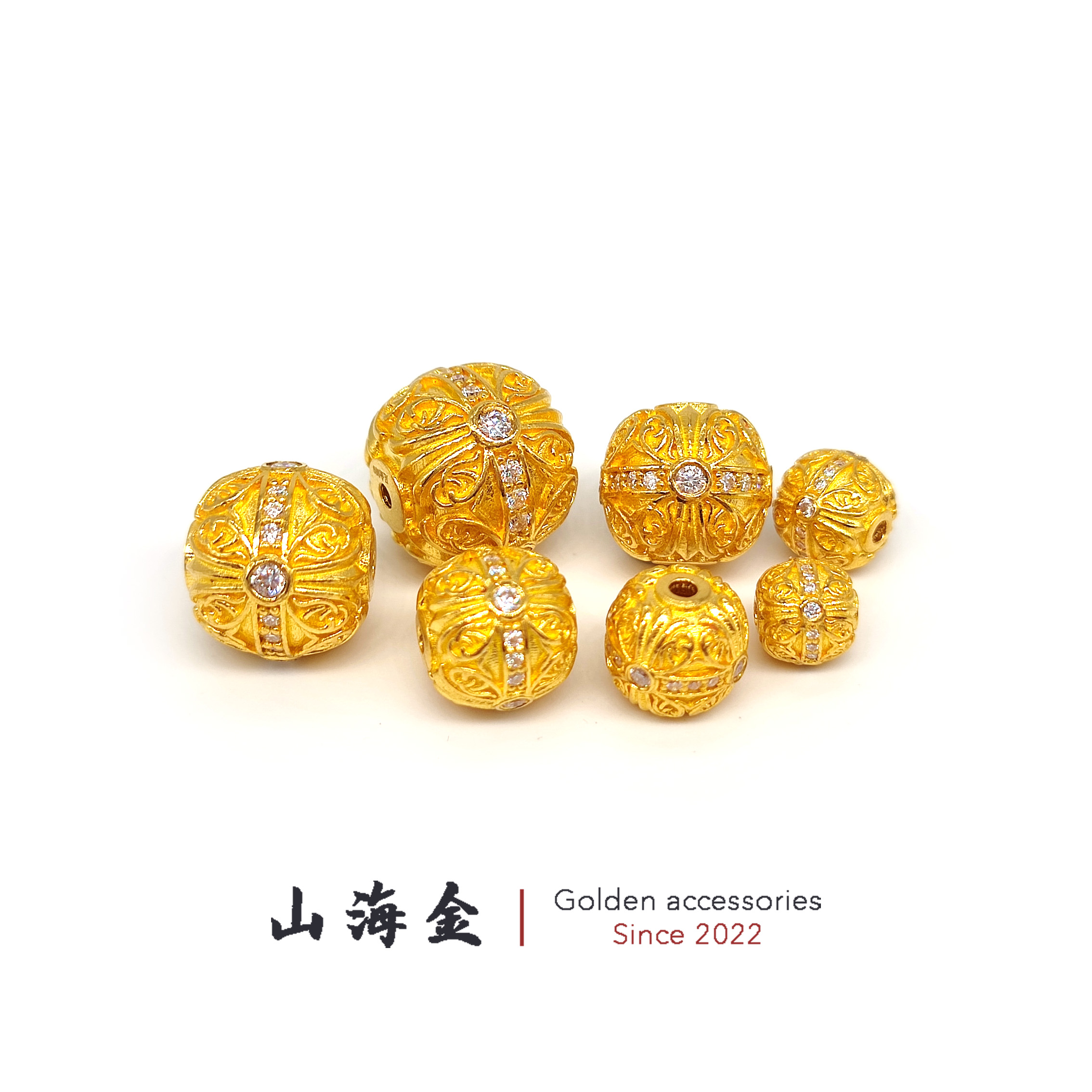 山海金 24K纯黄金999足金点钻克罗心老型珠隔珠文玩手串配饰