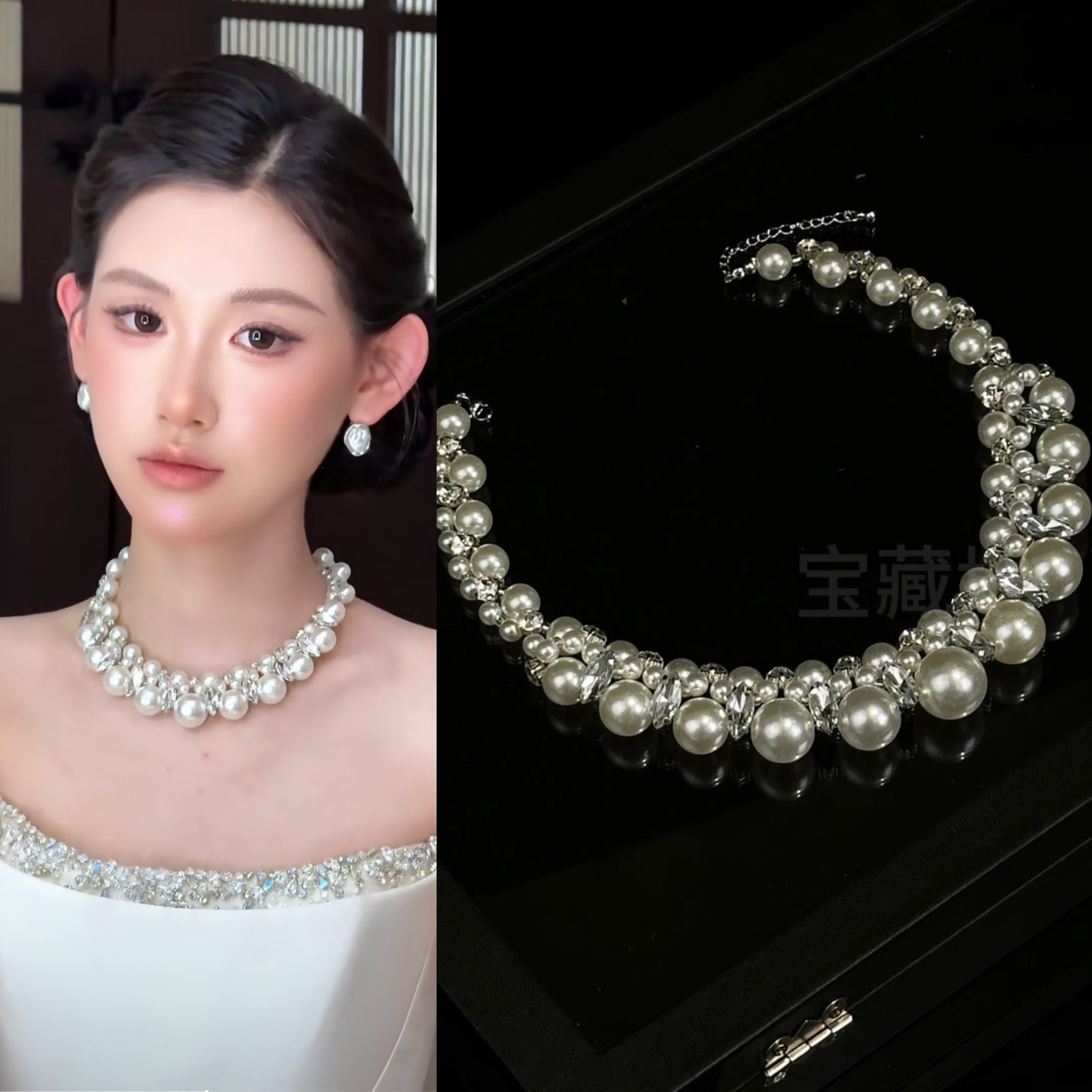 铜合金仿珍珠项链 3017法式复古镶钻珍珠轻奢小众新娘晨袍项链