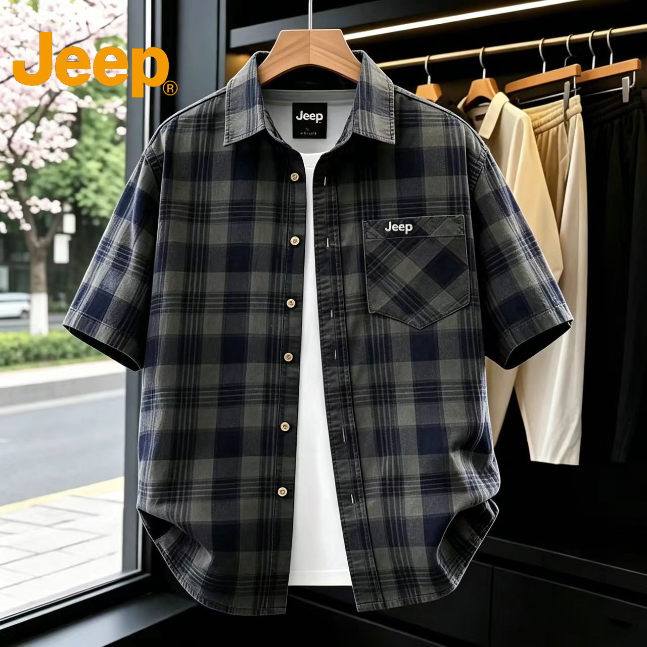 美国JEEP吉普官方正品格子衬衫男士夏季纯棉翻领商务休闲衬衣外套