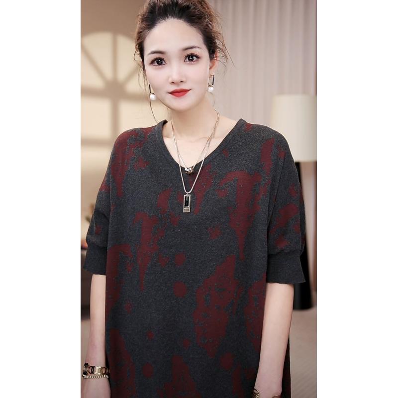 品质[魅影]V领领玫红秋冬保暖妈妈气质打底毛衣连衣裙-6810#