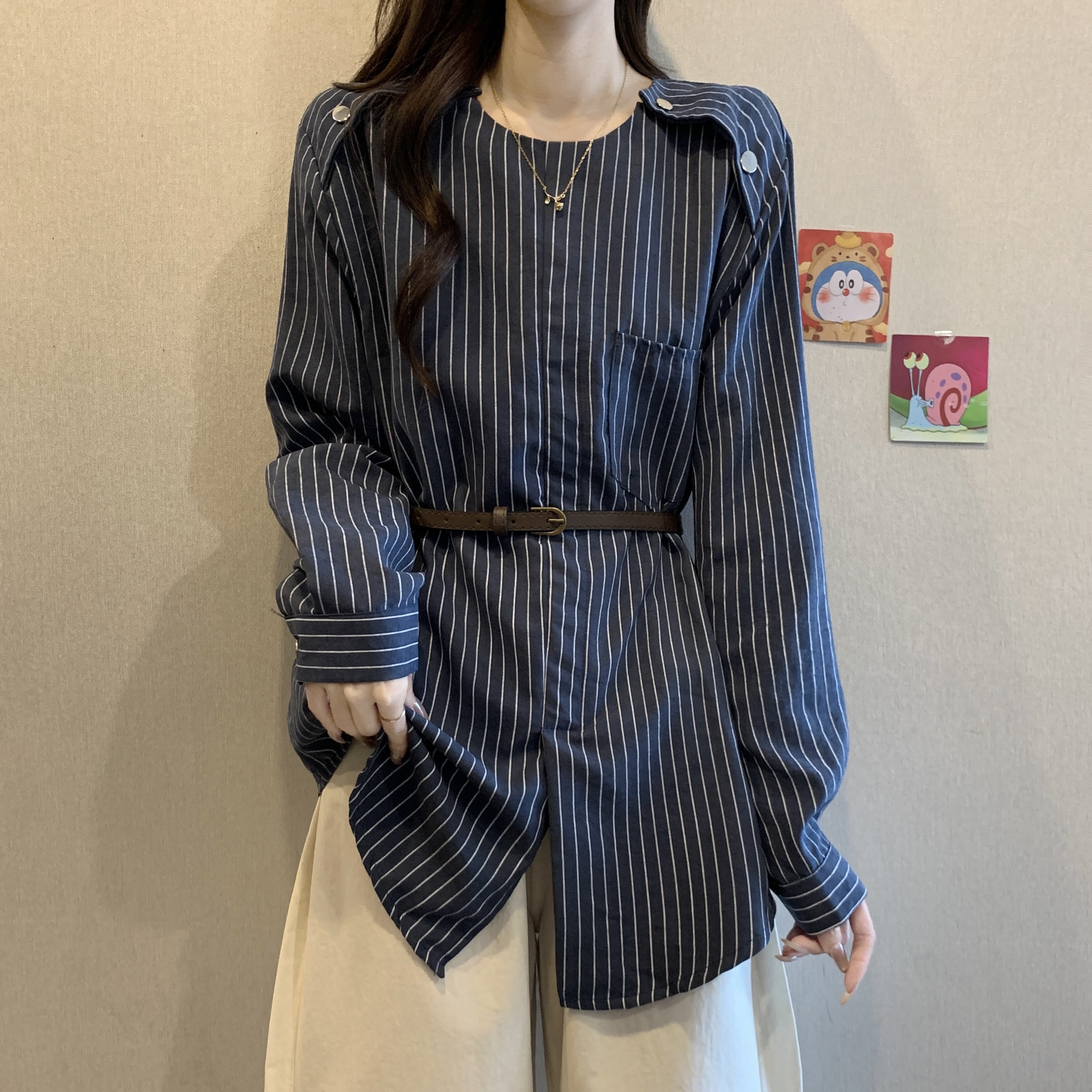 大码遮肚子韩版条纹正肩长袖衬衫女春秋2025新款胖MM显瘦小众上衣