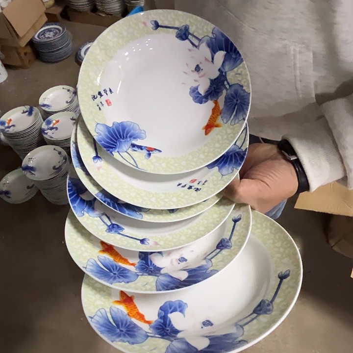 瓷片景德镇陶瓷荷花鱼藻盘子6只