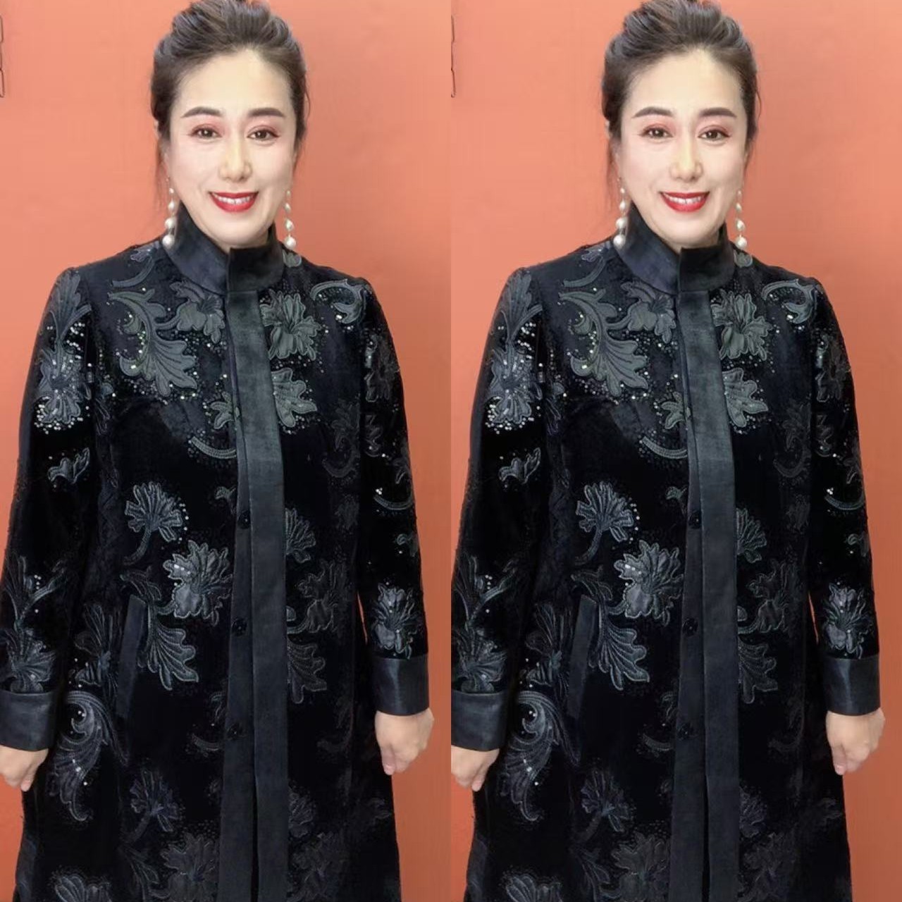 天津903-1烫金花中长款翻领提花加衬里时尚宽松大码风衣外套