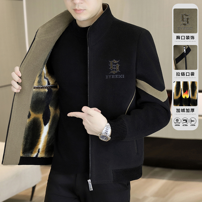2025秋冬男士休闲立领毛呢夹克加绒加厚时尚百搭男士外套8808