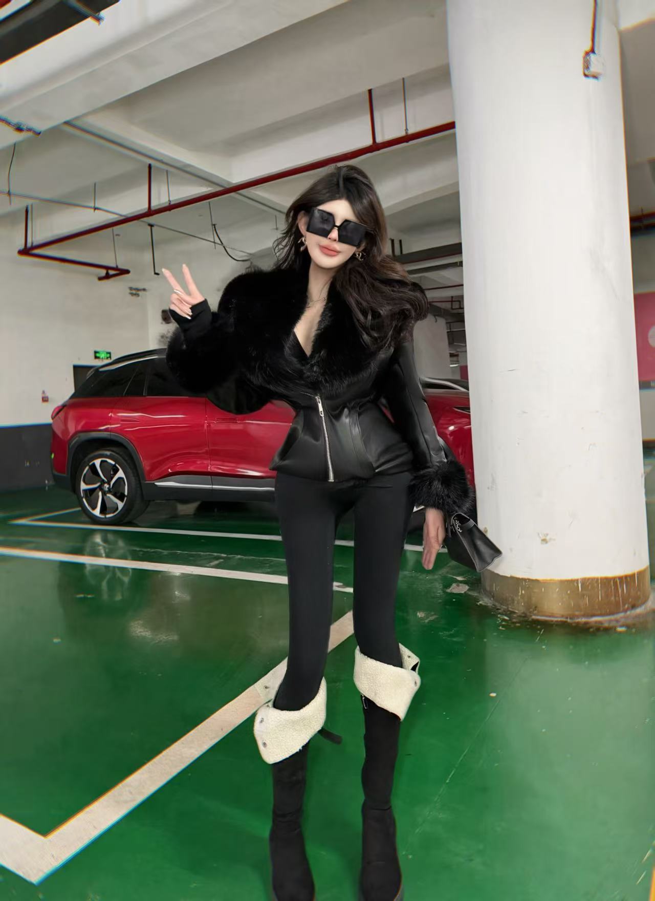 AL SHOP【韩里韩气】韩系时尚修身百搭冬季收腰短款毛领皮衣外套