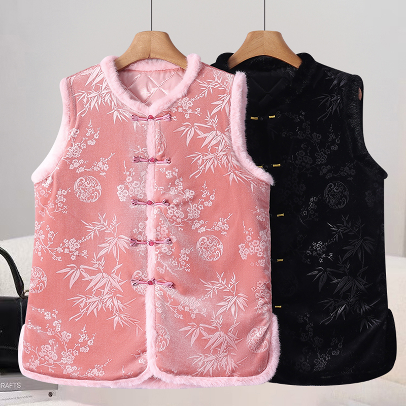新款中式国风加棉马甲2025春秋款提花复古盘扣无袖坎肩背心上衣