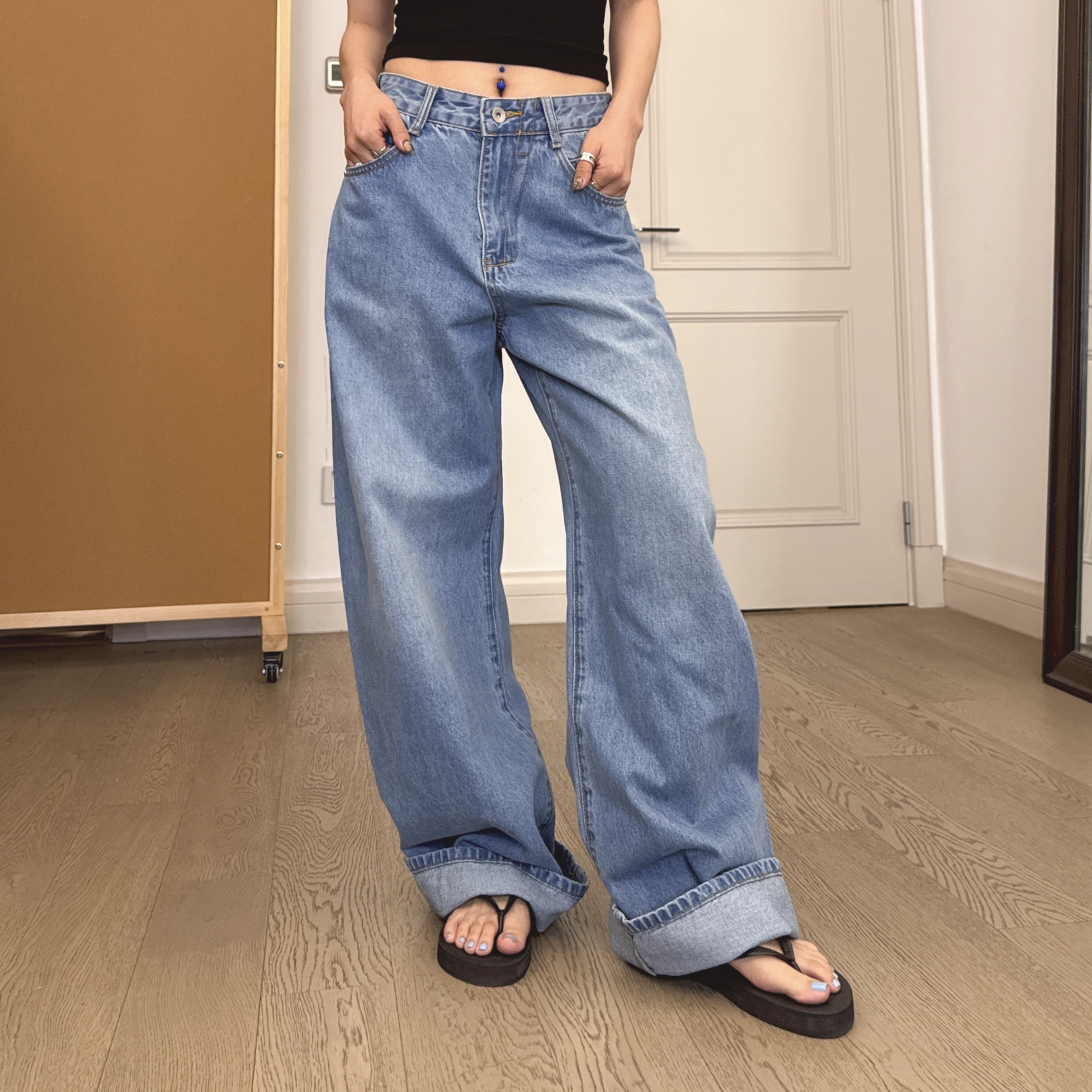 欧美街拍辣妹款怀旧黑显瘦中腰宽松筒型裤A7复古休闲牛仔裤5002