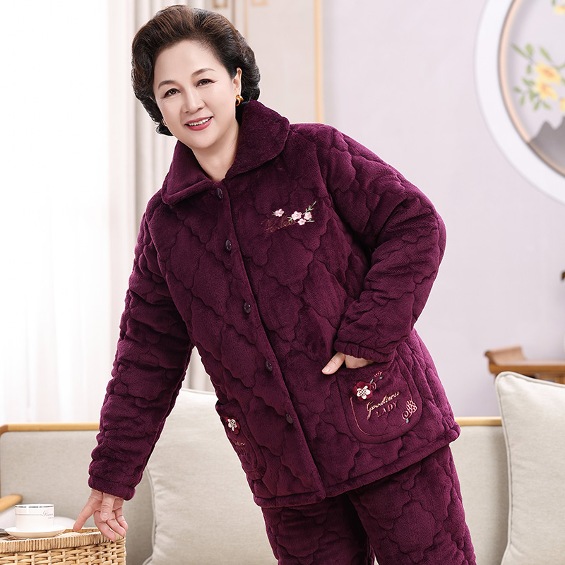冬季老年人睡衣珊瑚绒夹棉加绒加厚保暖妈妈装睡衣女套装家居服