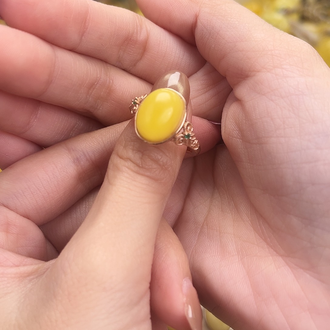 裸石琥珀银S925镀金镶嵌玫瑰金色戒指