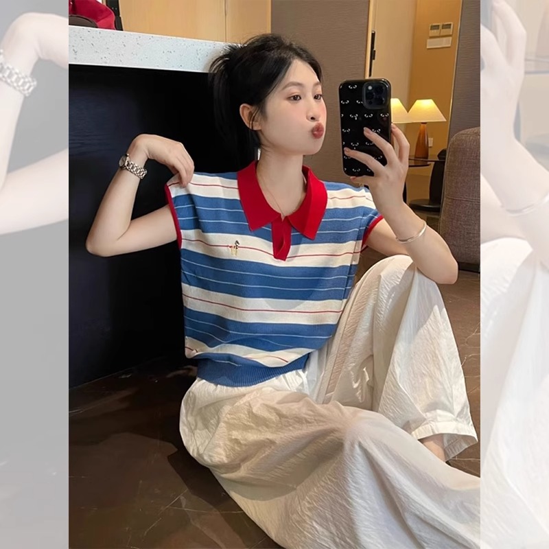 撞色条纹polo领针织冰丝小飞袖短款上衣女夏季小个子正肩短袖t恤