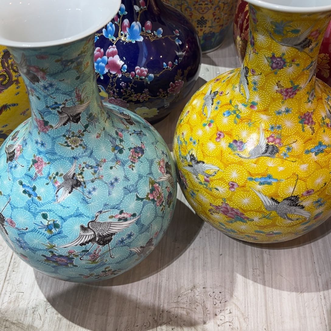 &***凉陶摆件35cm一黄一蓝赏瓶仙鹤