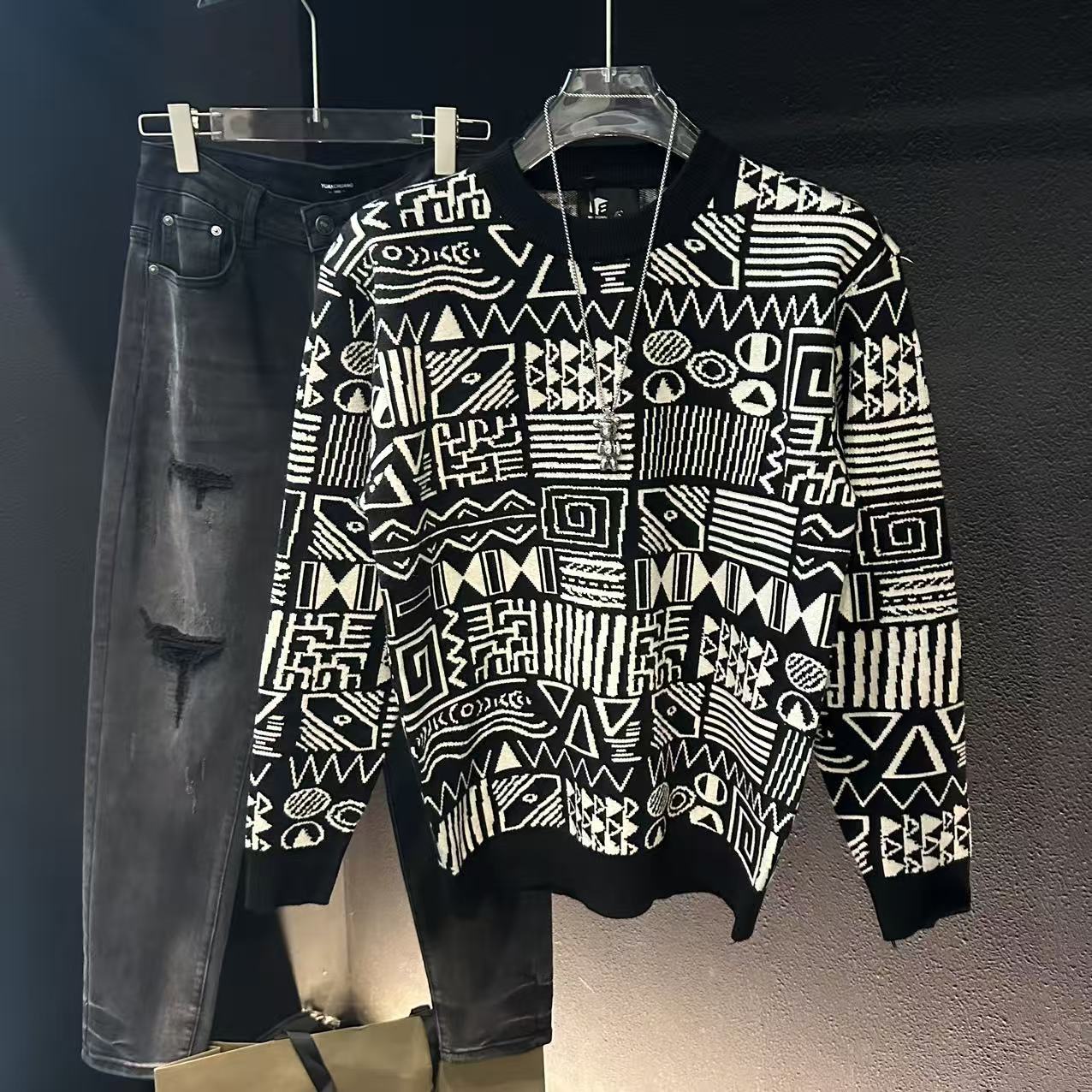 冬季韩系ins黑白复古不规则符号拼接宽松针织衫毛衣