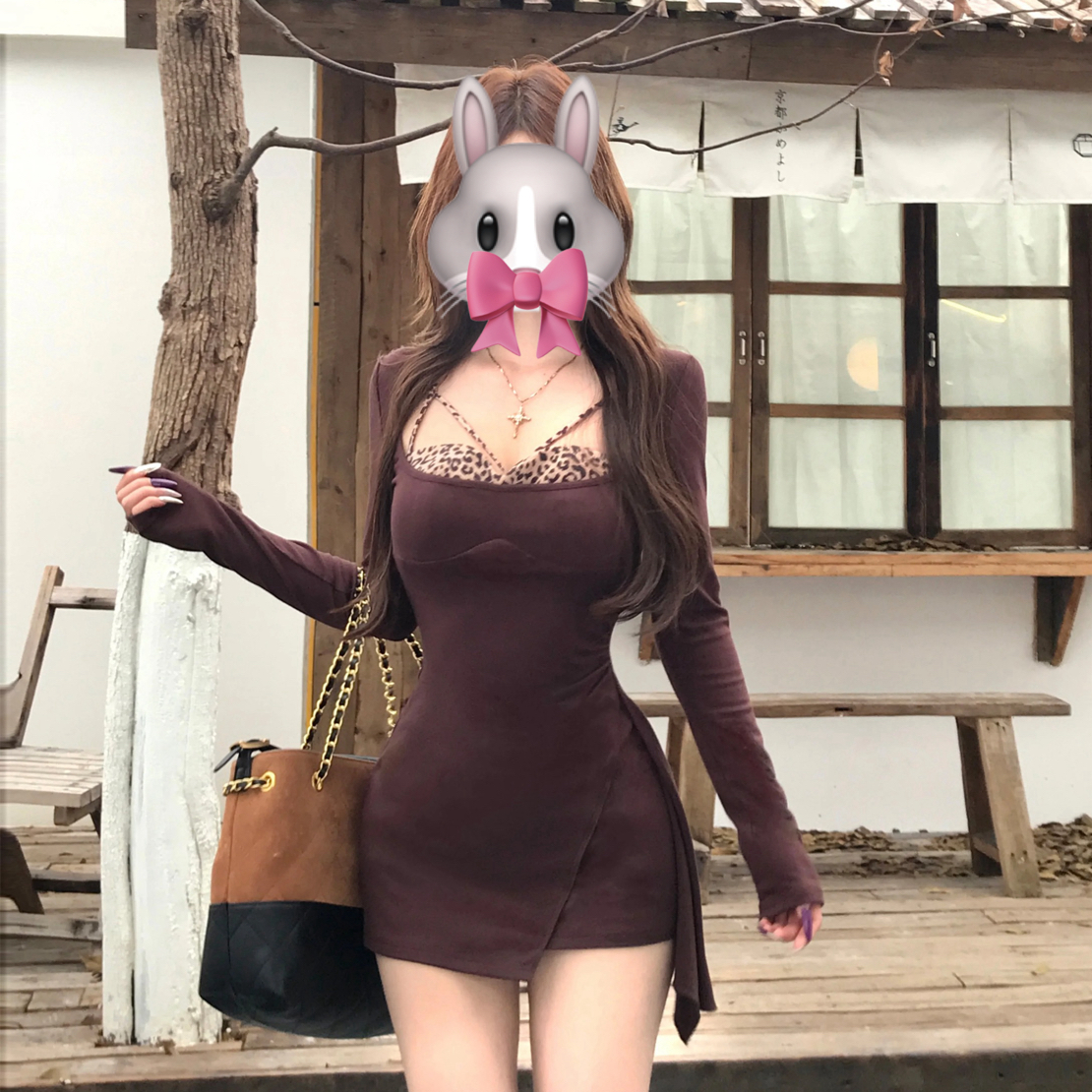 【撩心缪斯】纯欲辣妹性感豹纹假两件加绒连衣裙显瘦长袖包臀短裙