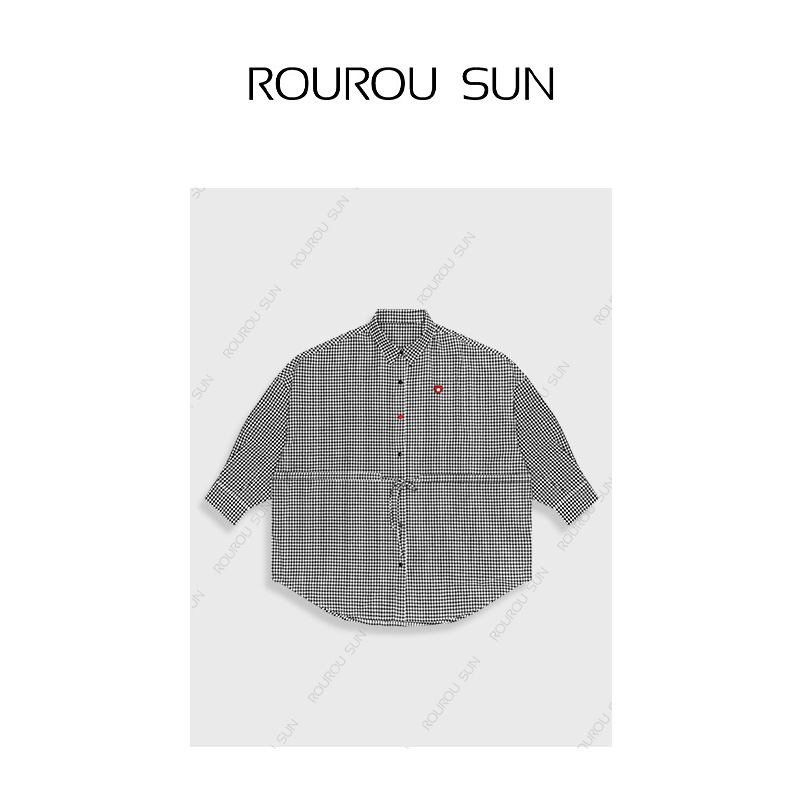 25295韩系复古经典时尚小爱心刺绣宽松格子长袖衬衫潮流
