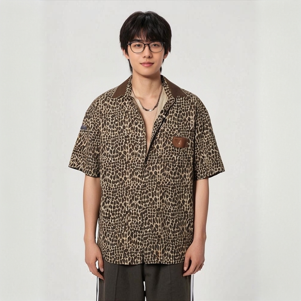 豹纹短袖青春活力复古设计感夏季翻领衬衫宽松休闲衬衣男装青少年